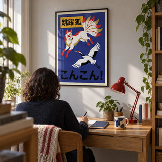 Cranes And Fox Poster, framed on the wall of a compact home study in a UK terraced house with a pale grey wall and clean-lined oak furniture