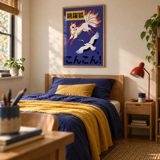 Cranes And Fox Poster, framed on the wall of a design-led single bedroom for a teenager (13-17) interested in Japanese folklore