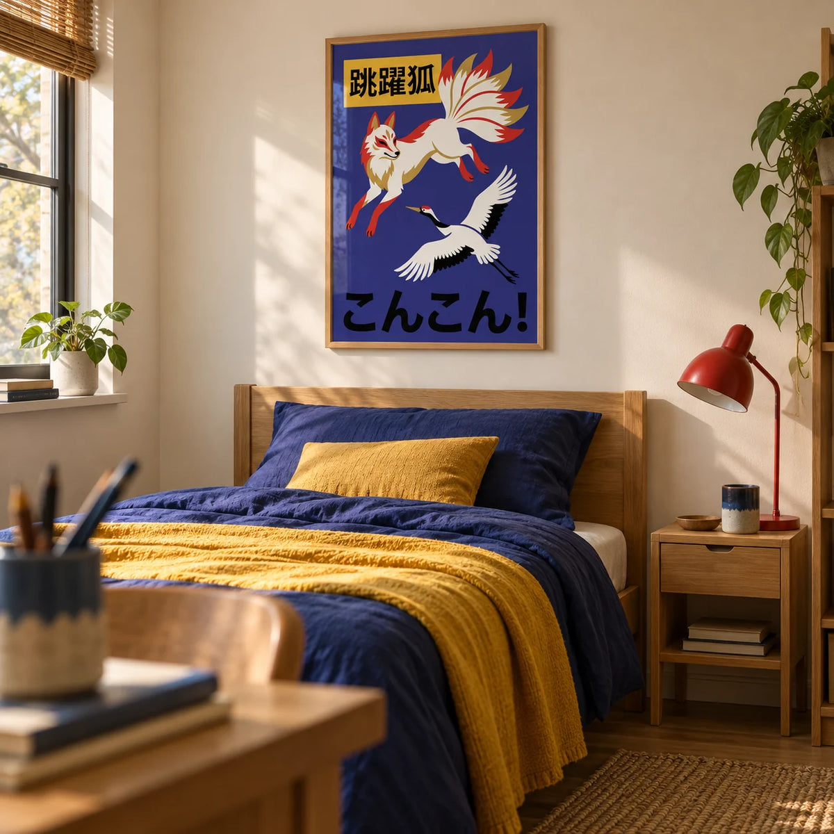 Cranes And Fox Poster, framed on the wall of a design-led single bedroom for a teenager (13-17) interested in Japanese folklore