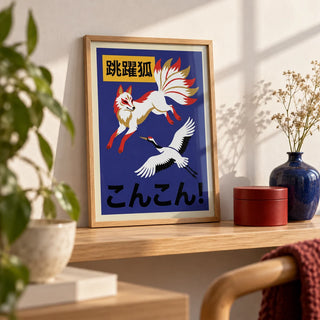 Cranes And Fox Poster, a small A4 framed print leaning on a pale oak shelf in a living room