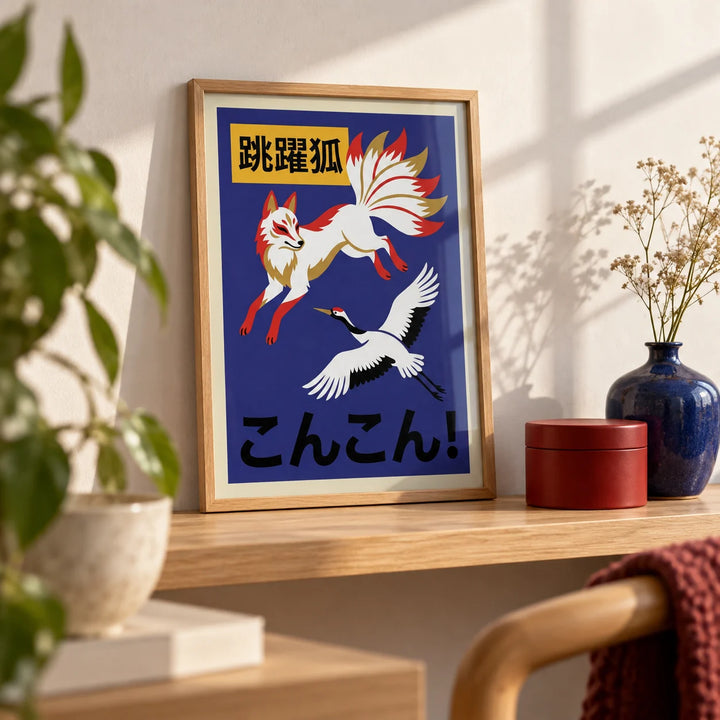 Cranes And Fox Poster, a small A4 framed print leaning on a pale oak shelf in a living room