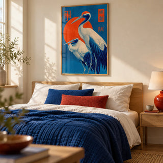 Cranes Art, framed on the wall of a calm bedroom with a soft cream wall