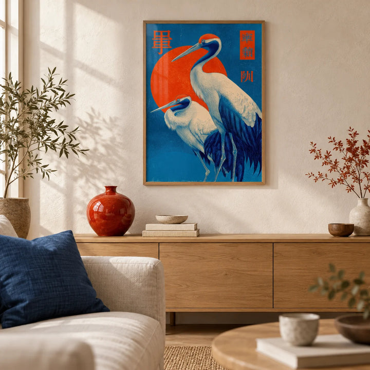 Cranes Art, framed on the wall of a calm Japandi living room with a warm white limewashed wall