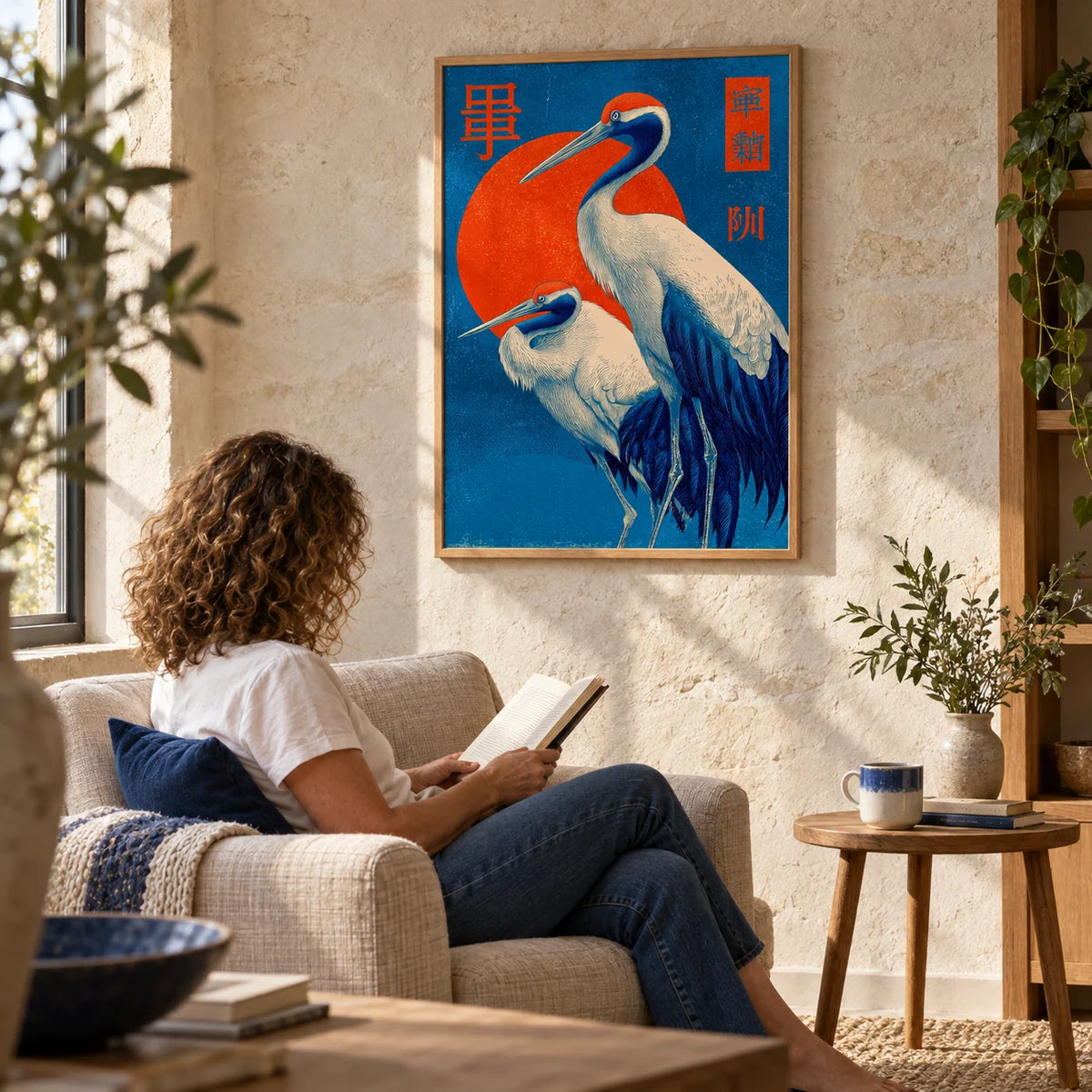 Cranes Art, framed on the wall of a quiet reading corner with a pale stone wall in a living room