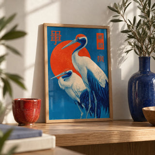 Cranes Art, a small A4 framed print leaning on an oak shelf in a living room