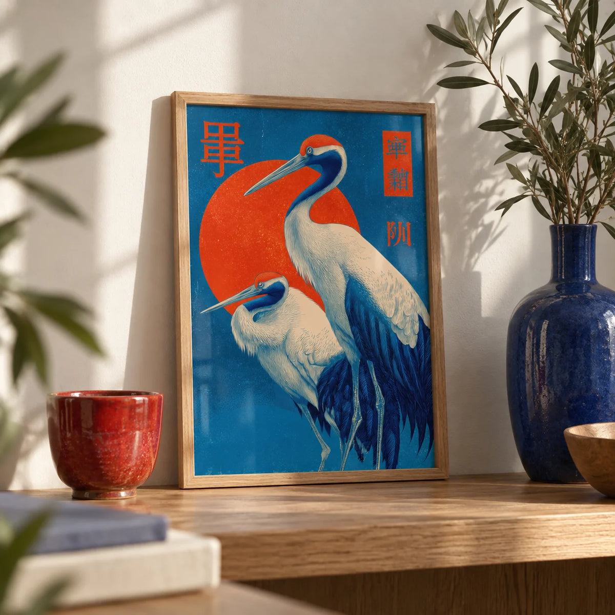 Cranes Art, a small A4 framed print leaning on an oak shelf in a living room