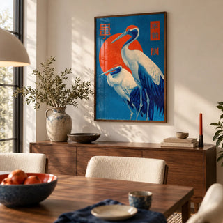 Cranes Art, framed on the wall of a warm dining room with a soft white wall