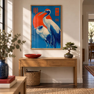 Cranes Art, framed on the wall of a welcoming hallway with a warm white wall and a dark wood floor
