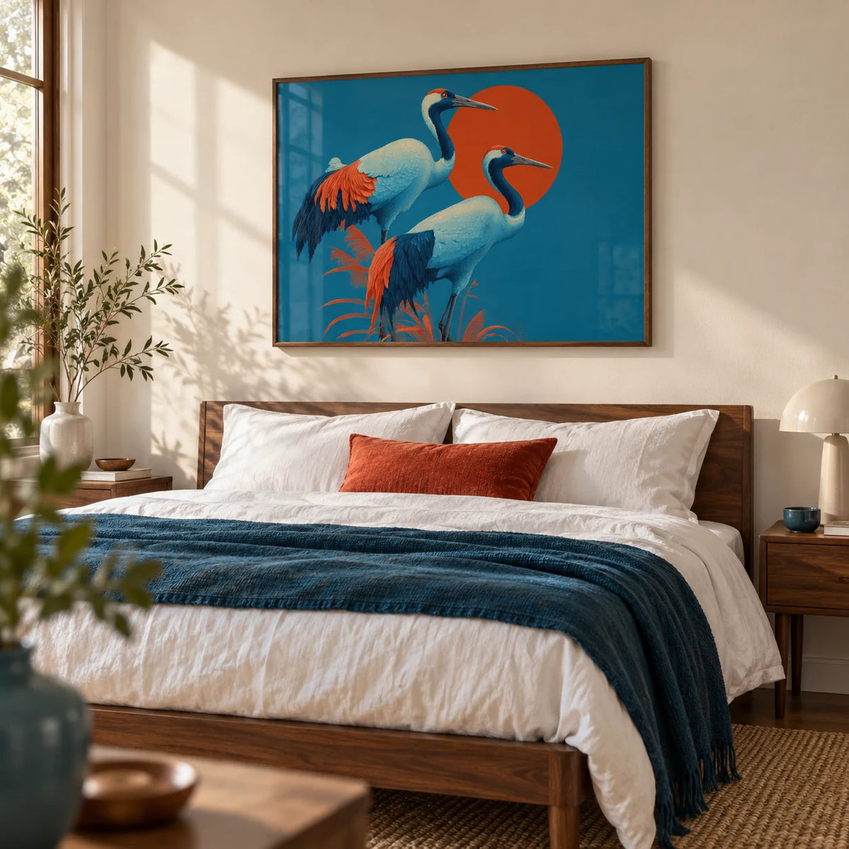 Cranes Artwork, framed on the wall of a calm bedroom with a cream wall