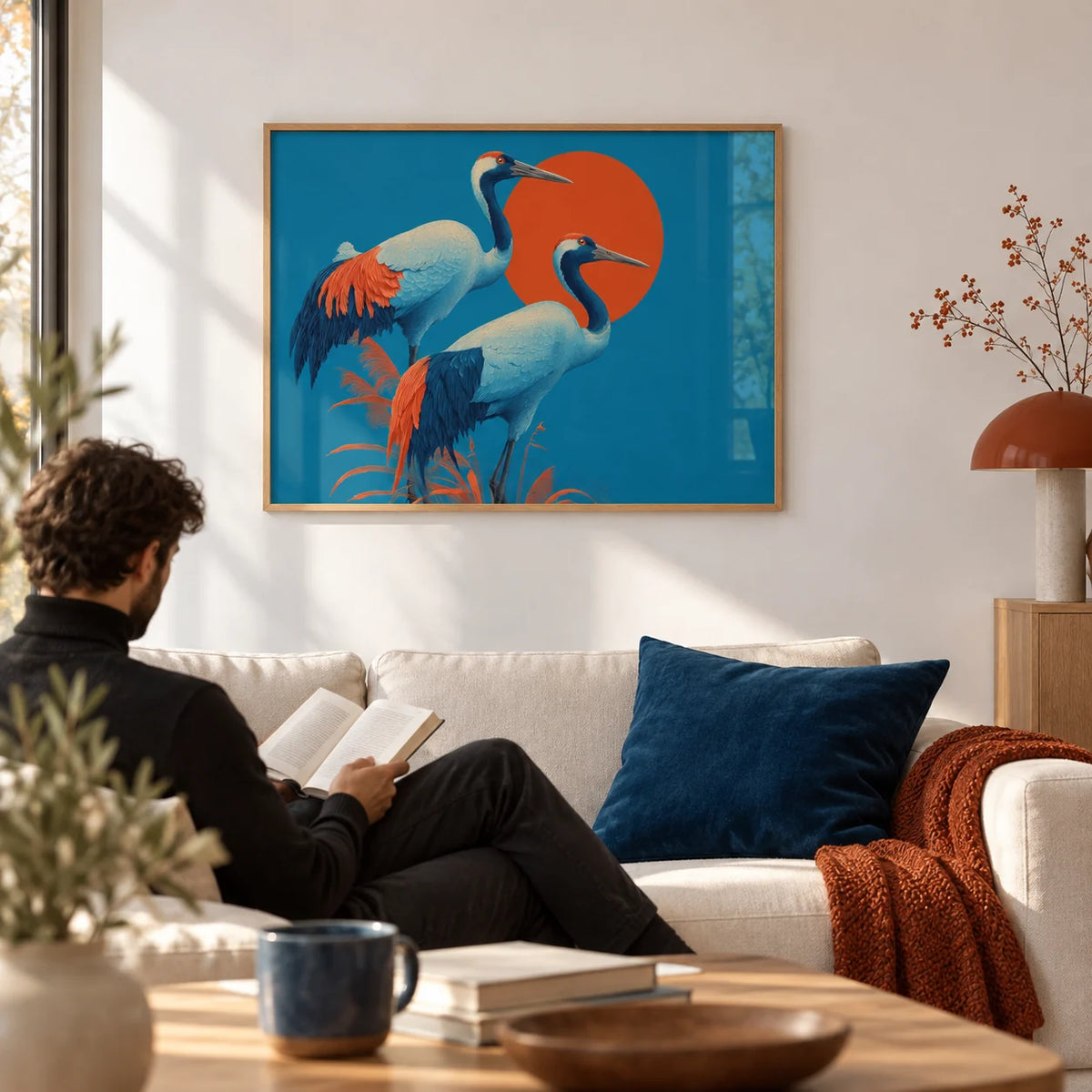 Cranes Artwork, framed on the wall of a calm living room with a white wall