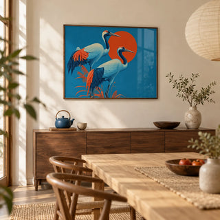 Cranes Artwork, framed on the wall of a Japandi dining room with a soft cream wall