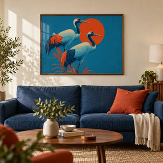 Cranes Artwork, framed on the wall of a modern living room with a warm white wall