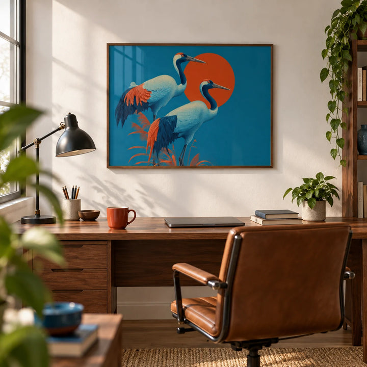 Cranes Artwork, framed on the wall of a quiet home office with a white wall