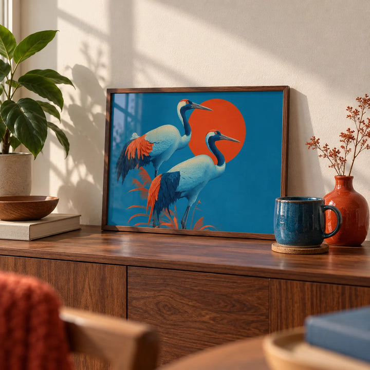 Cranes Artwork, a small A4 framed print leaning on a walnut sideboard in a living room