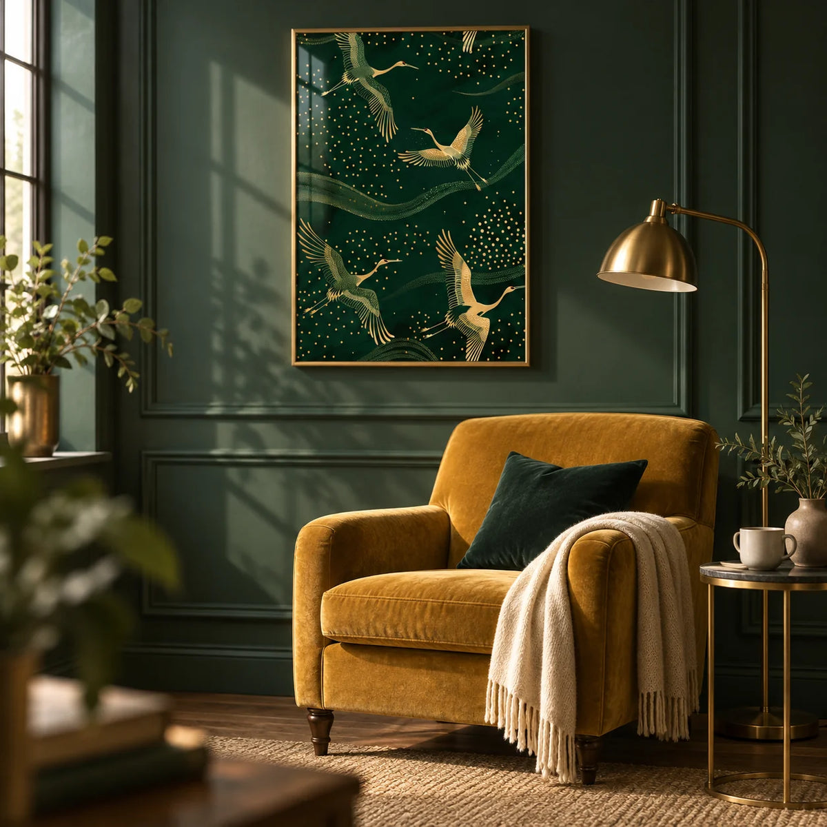 Cranes Gold Art Print, framed on the wall of a cosy reading corner with forest green panelling in a living room