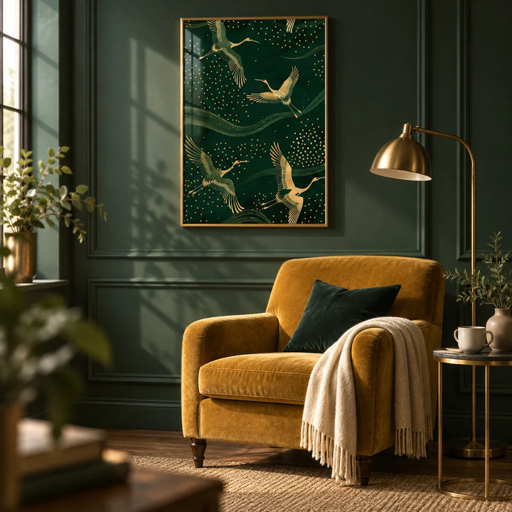 Cranes Gold Art Print, framed on the wall of a cosy reading corner with forest green panelling in a living room