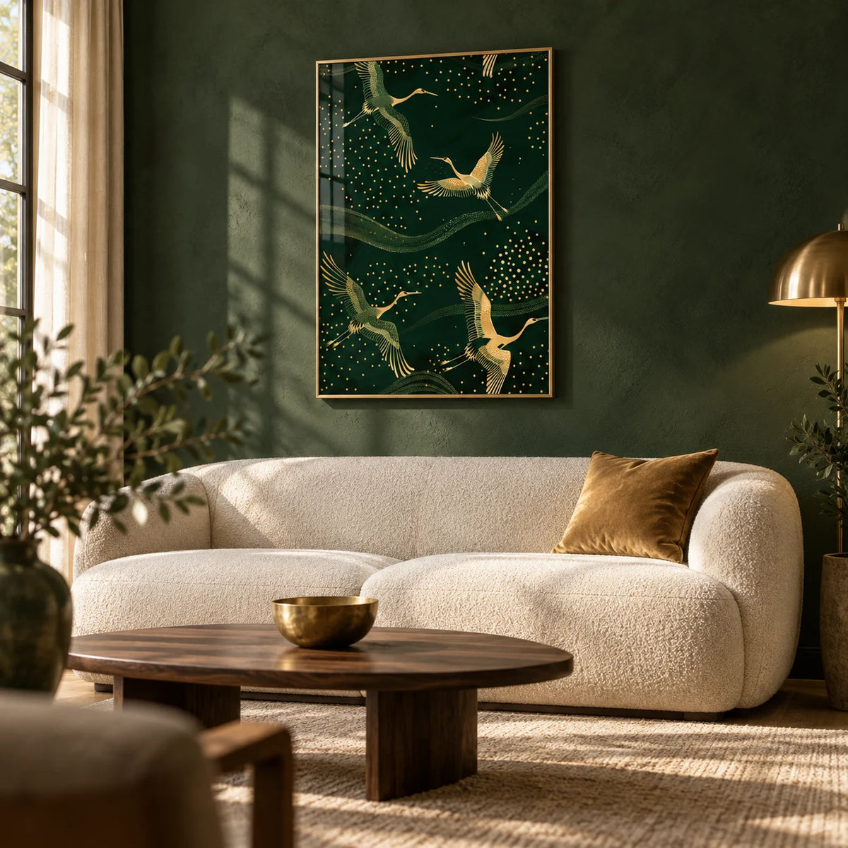 Cranes Gold Art Print, framed on the wall of a elegant living room with a forest green limewashed wall
