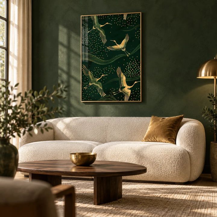 Cranes Gold Art Print, framed on the wall of a elegant living room with a forest green limewashed wall