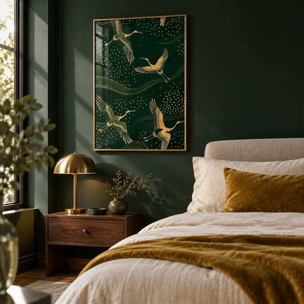 Cranes Gold Art Print, framed on the wall of a rich bedroom with deep forest green walls