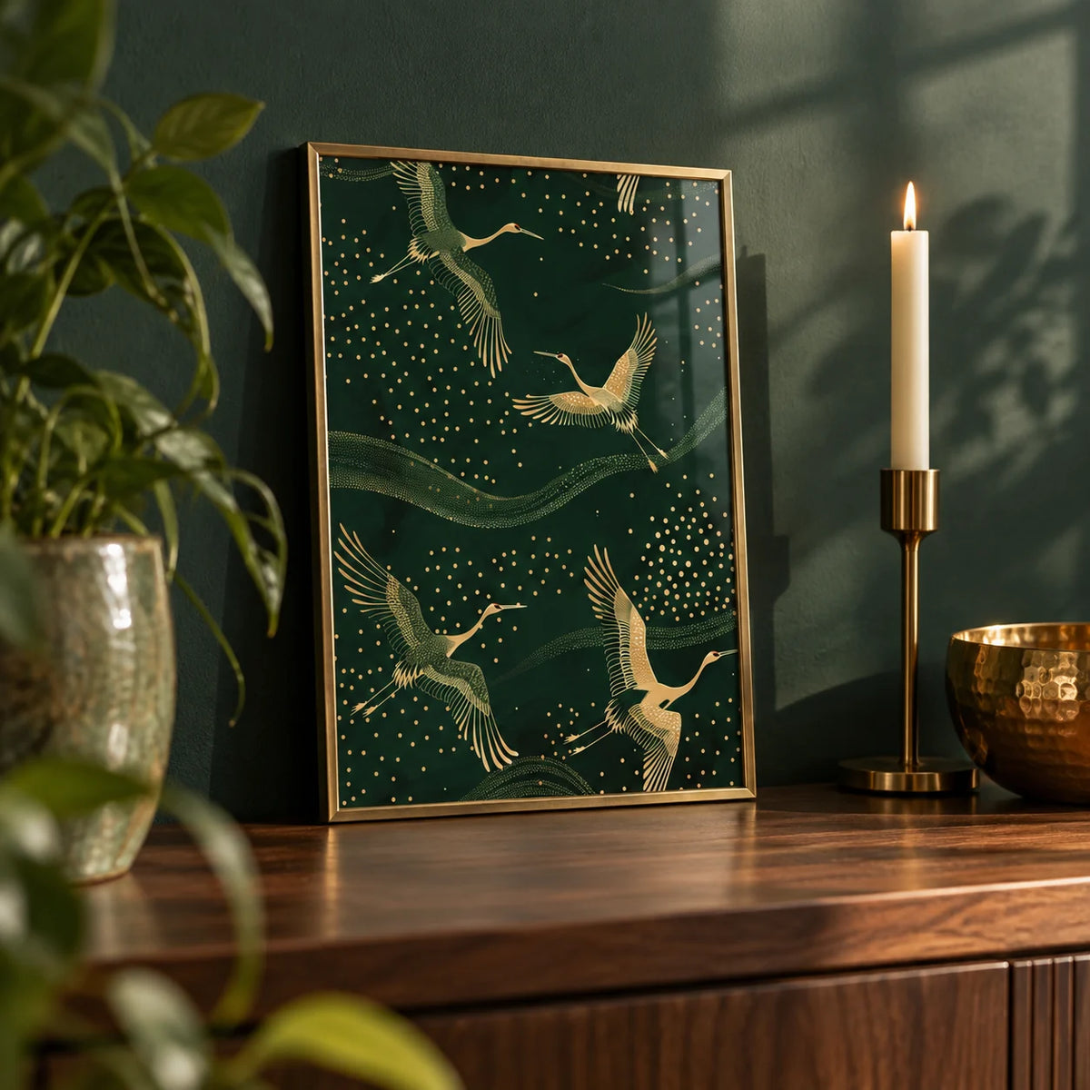 Cranes Gold Art Print, a small A4 framed print leaning on a walnut shelf in a living room