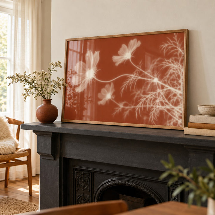 Cream Cosmos Print styled on a mantelpiece (frame not included)