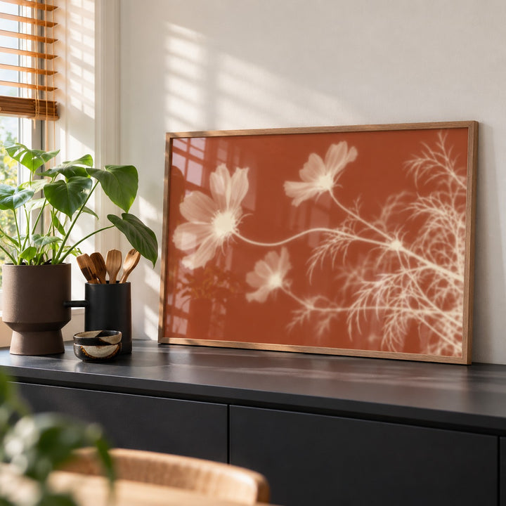 Cream Cosmos Print styled on a kitchen counter (frame not included)