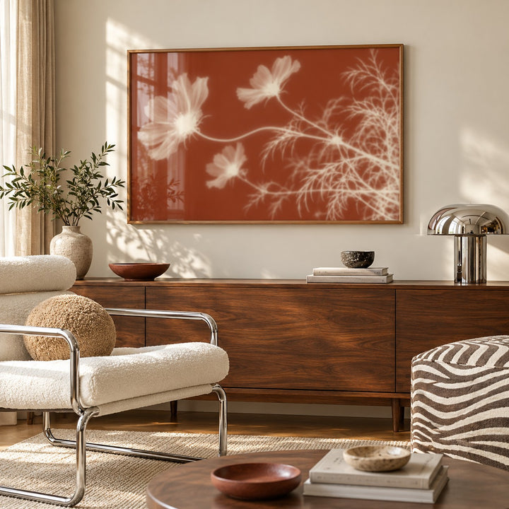 Cream Cosmos Print styled above a sideboard (frame not included)