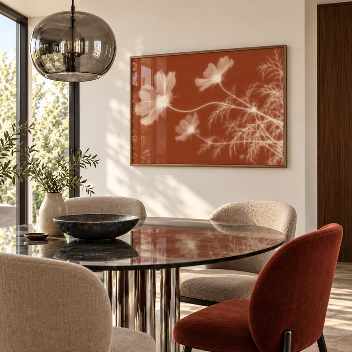 Cream Cosmos Print styled in a dining room (frame not included)