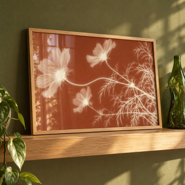 Cream Cosmos Print styled on a shelf against a green wall (frame not included)
