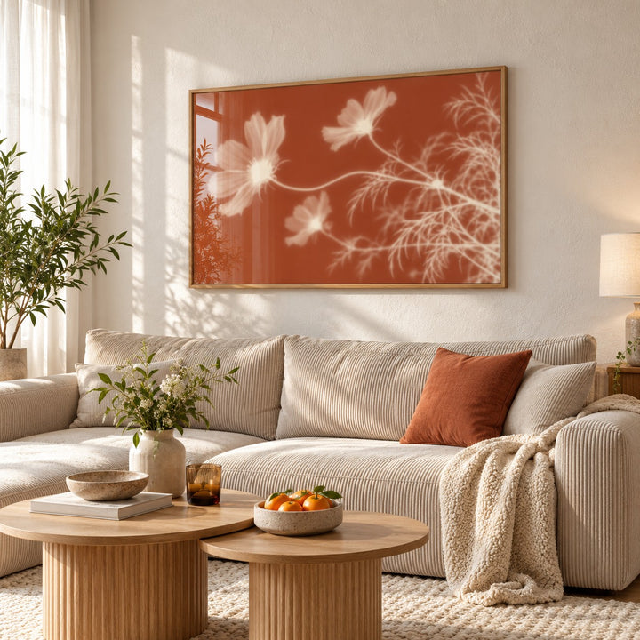 Cream Cosmos Print styled above a living room sofa (frame not included)