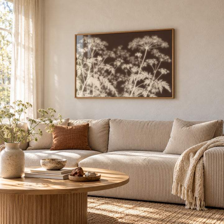 Cream Cow Parsley Print styled in a living room (frame not included)