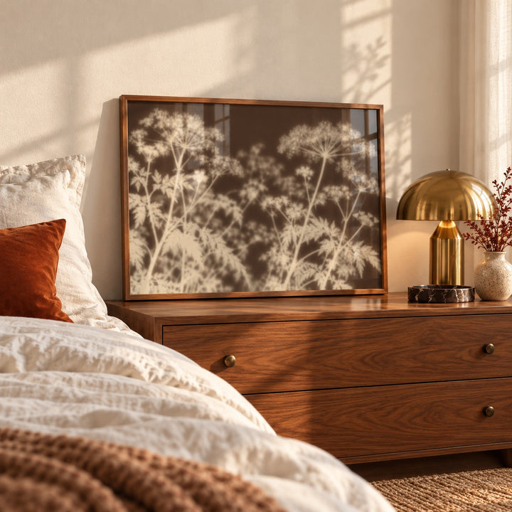 Cream Cow Parsley Print styled in a bedroom (frame not included)
