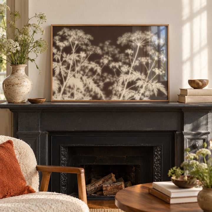 Cream Cow Parsley Print styled on a mantelpiece (frame not included)
