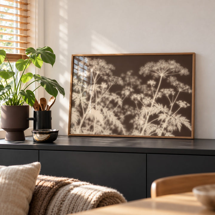 Cream Cow Parsley Print styled on a black sideboard (frame not included)