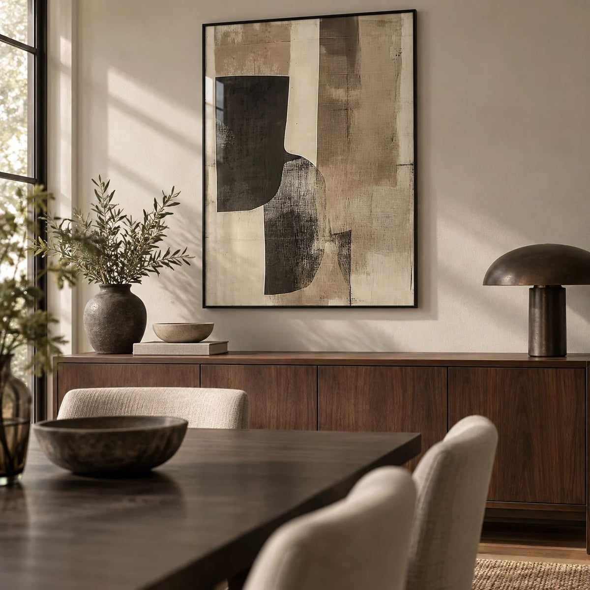 Cream Wall Art, framed on the wall of a minimal dining room