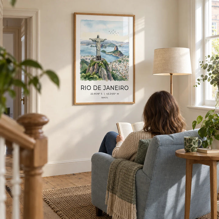 Cristo Redentor Poster, framed on the wall of a quiet reading corner on a spacious landing in a UK terraced home with cream walls and oak floorboards in a living room