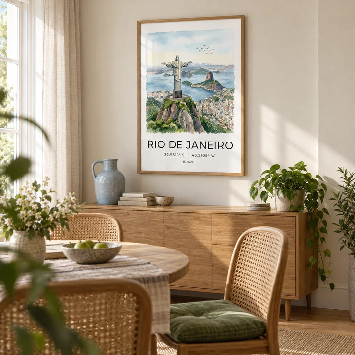 Cristo Redentor Poster, framed on the wall of a relaxed dining room in a UK flat with soft cream walls and plain linen curtains