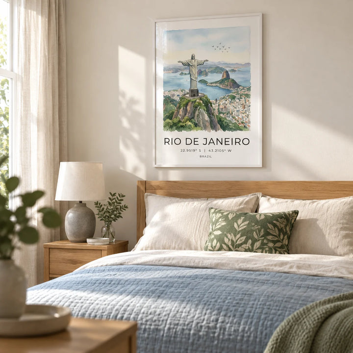 Cristo Redentor Poster, framed on the wall of a restful bedroom in a couple's UK home with a warm white wall and light oak furniture