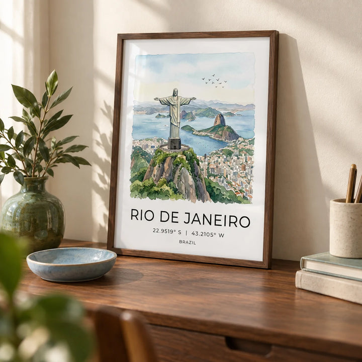 Cristo Redentor Poster, a small A4 framed print leaning on a walnut writing desk