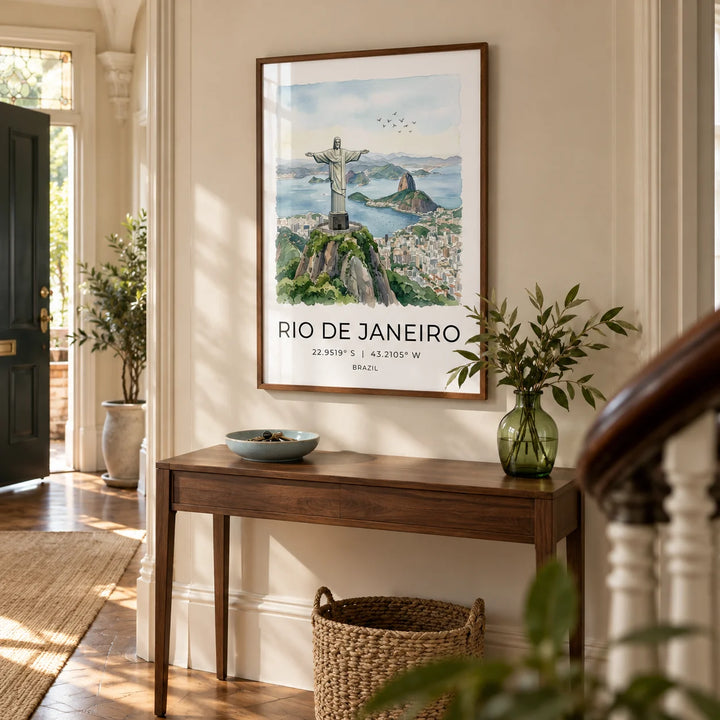 Cristo Redentor Poster, framed on the wall of a welcoming hallway in a Victorian terrace with pale stone walls and warm timber flooring