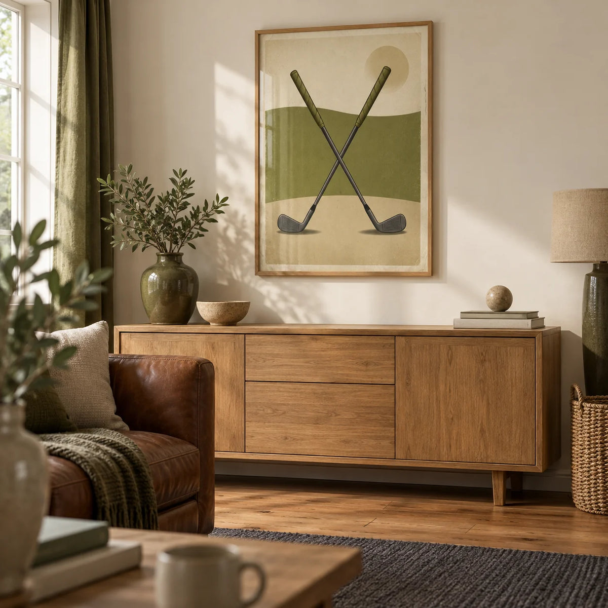 Crossed Golf Clubs Poster, framed on the wall of a comfortable living room in a golf-loving couple's UK home with cream walls and a brown leather sofa off to one side