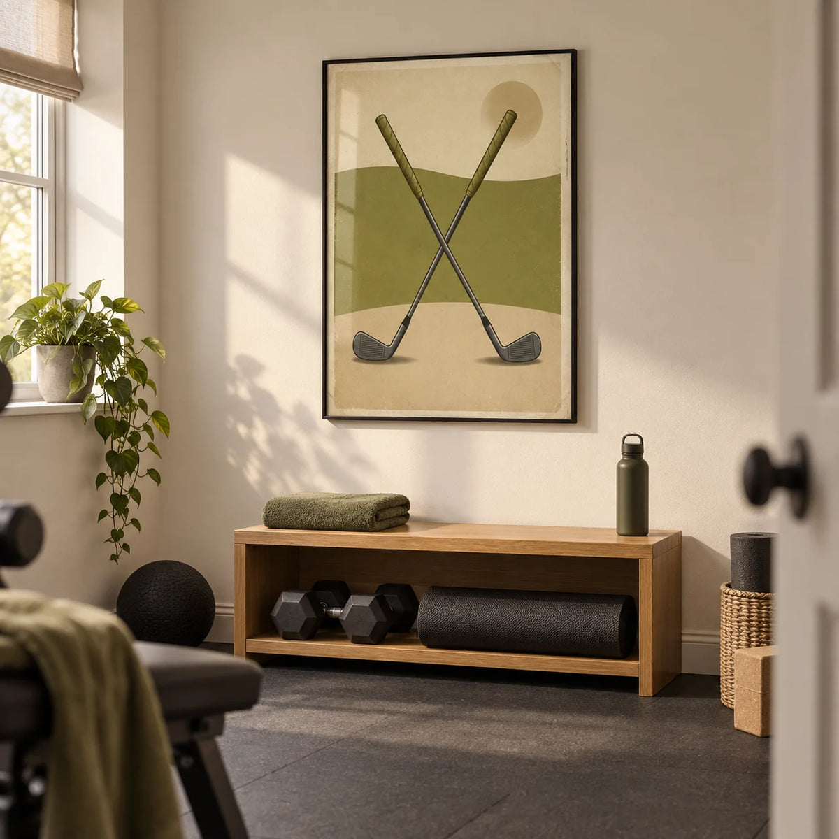 Crossed Golf Clubs Poster, framed on the wall of a compact home gym in a converted UK spare room with warm white walls and plain charcoal rubber flooring