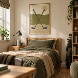 Crossed Golf Clubs Poster, framed on the wall of a golf-loving teenager's single bedroom (13-17) in a UK family home with warm cream walls