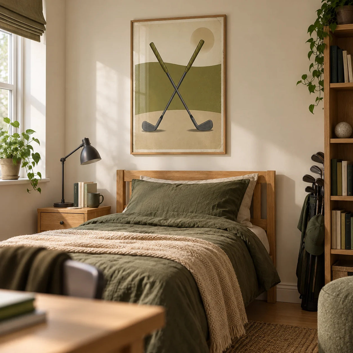 Crossed Golf Clubs Poster, framed on the wall of a golf-loving teenager's single bedroom (13-17) in a UK family home with warm cream walls