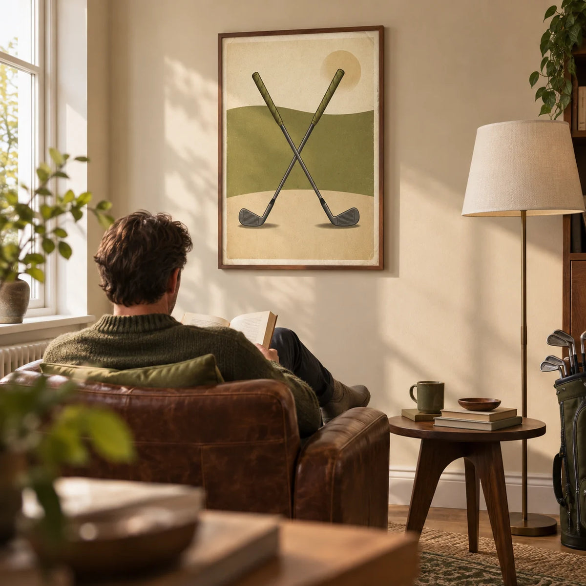 Crossed Golf Clubs Poster, framed on the wall of a relaxed golf enthusiast's snug in a UK terraced house with a sandy beige wall in a living room