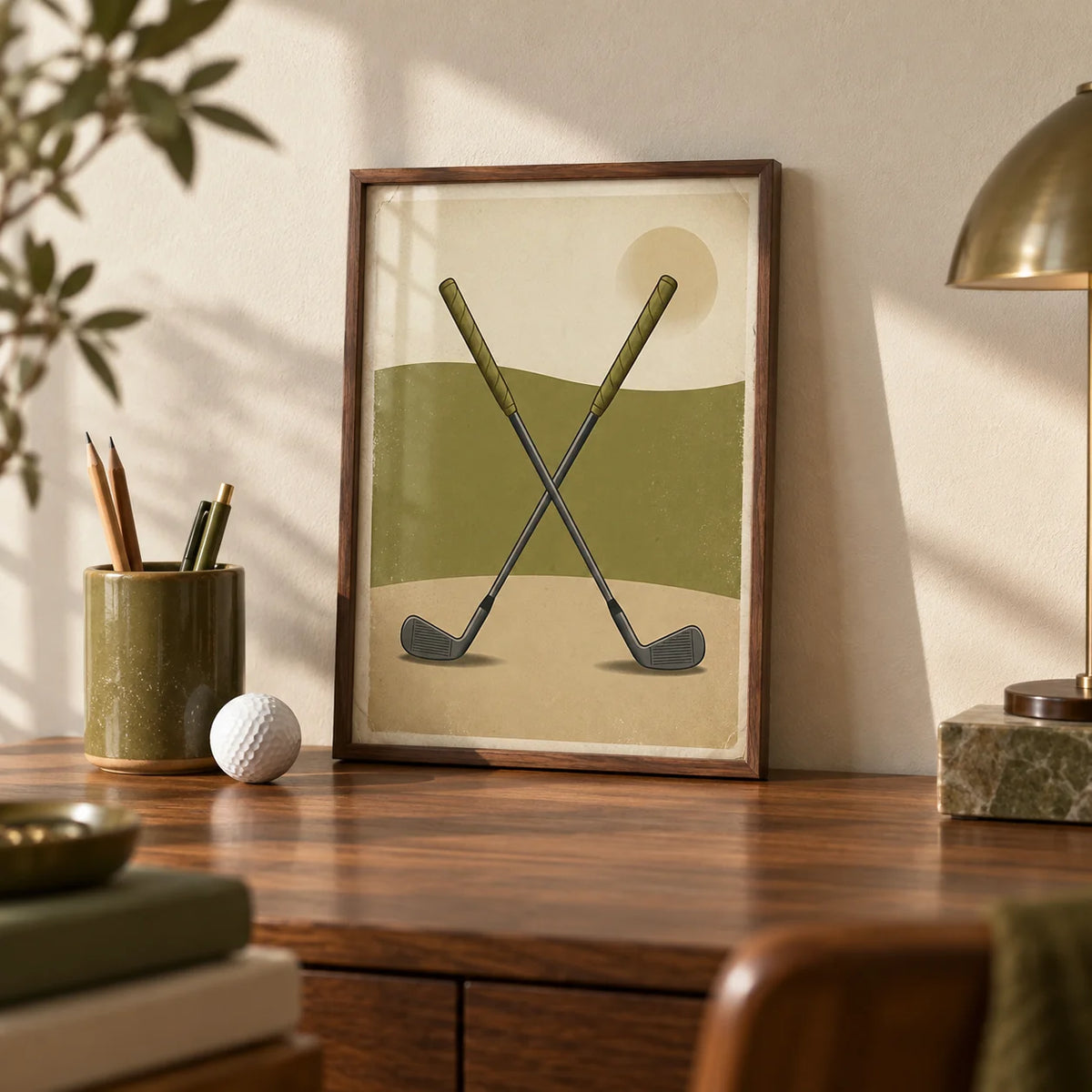 Crossed Golf Clubs Poster, a small A4 framed print leaning on a walnut writing desk