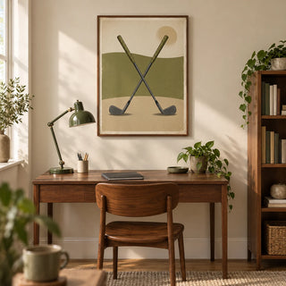 Crossed Golf Clubs Poster, framed on the wall of a warm home study in a UK semi-detached house with cream walls and oak floorboards