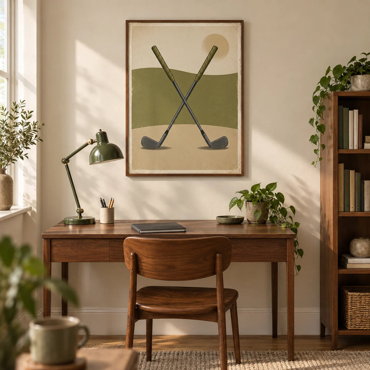 Crossed Golf Clubs Poster, framed on the wall of a warm home study in a UK semi-detached house with cream walls and oak floorboards