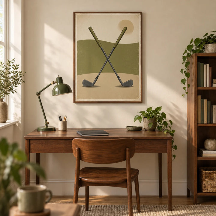 Crossed Golf Clubs Poster, framed on the wall of a warm home study in a UK semi-detached house with cream walls and oak floorboards