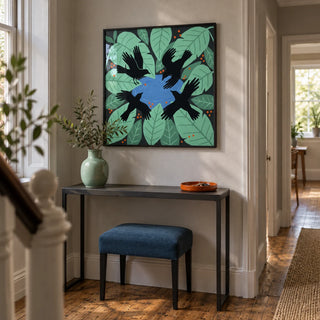 Crows Art Print, framed on the wall of a characterful modern hallway in a UK terrace with pale grey plaster walls and restored wooden floorboards